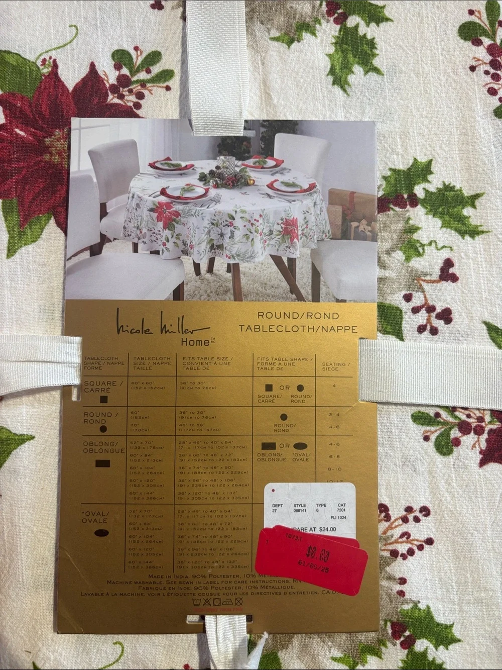 Nicole Miller Red, Green & Cream Poinsettia Round Tablecloth